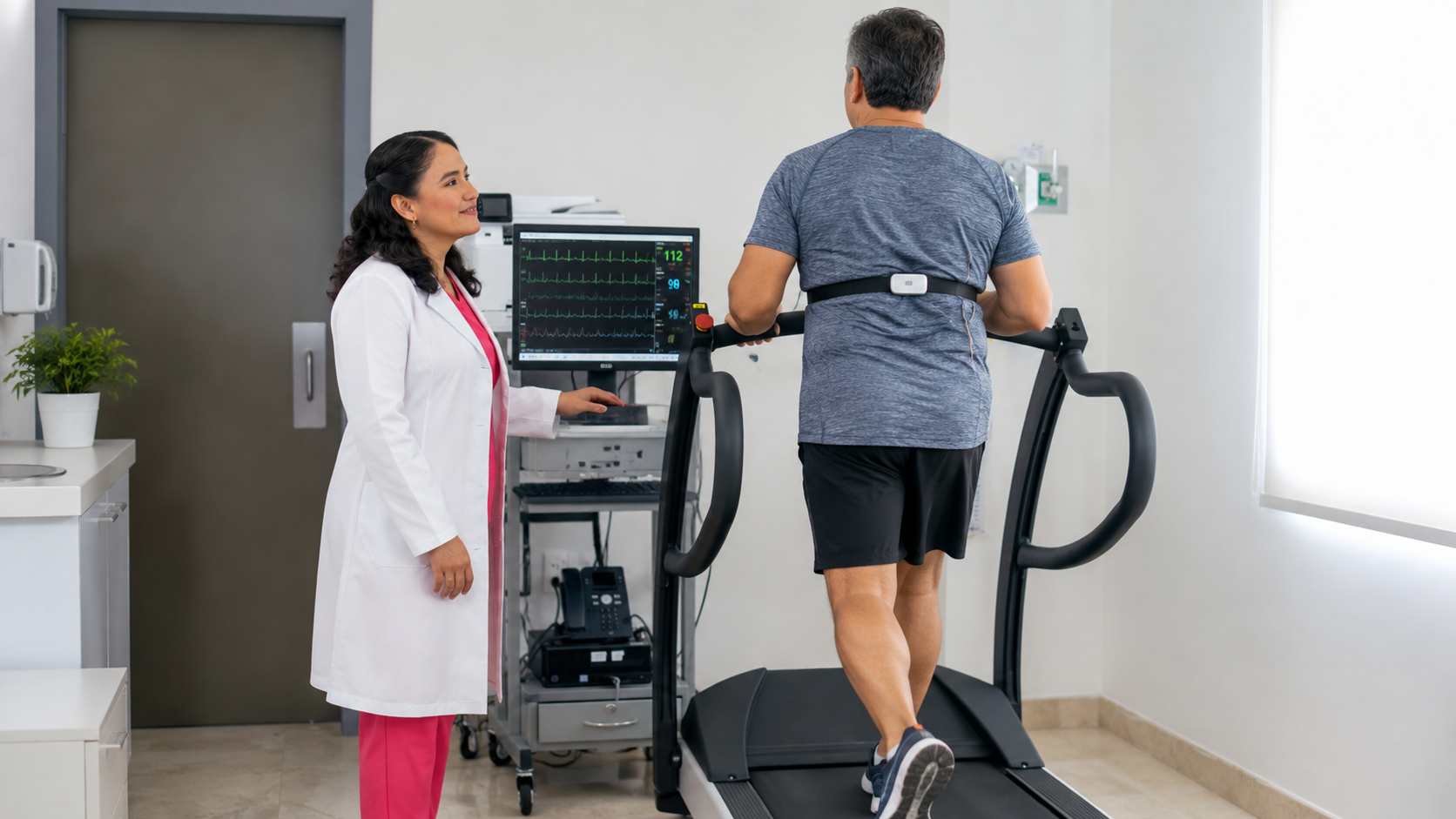 Dra. Karla Castolo supervisando rehabilitación cardíaca con ejercicio en caminadora y monitoreo cardiovascular en Puerto Vallarta