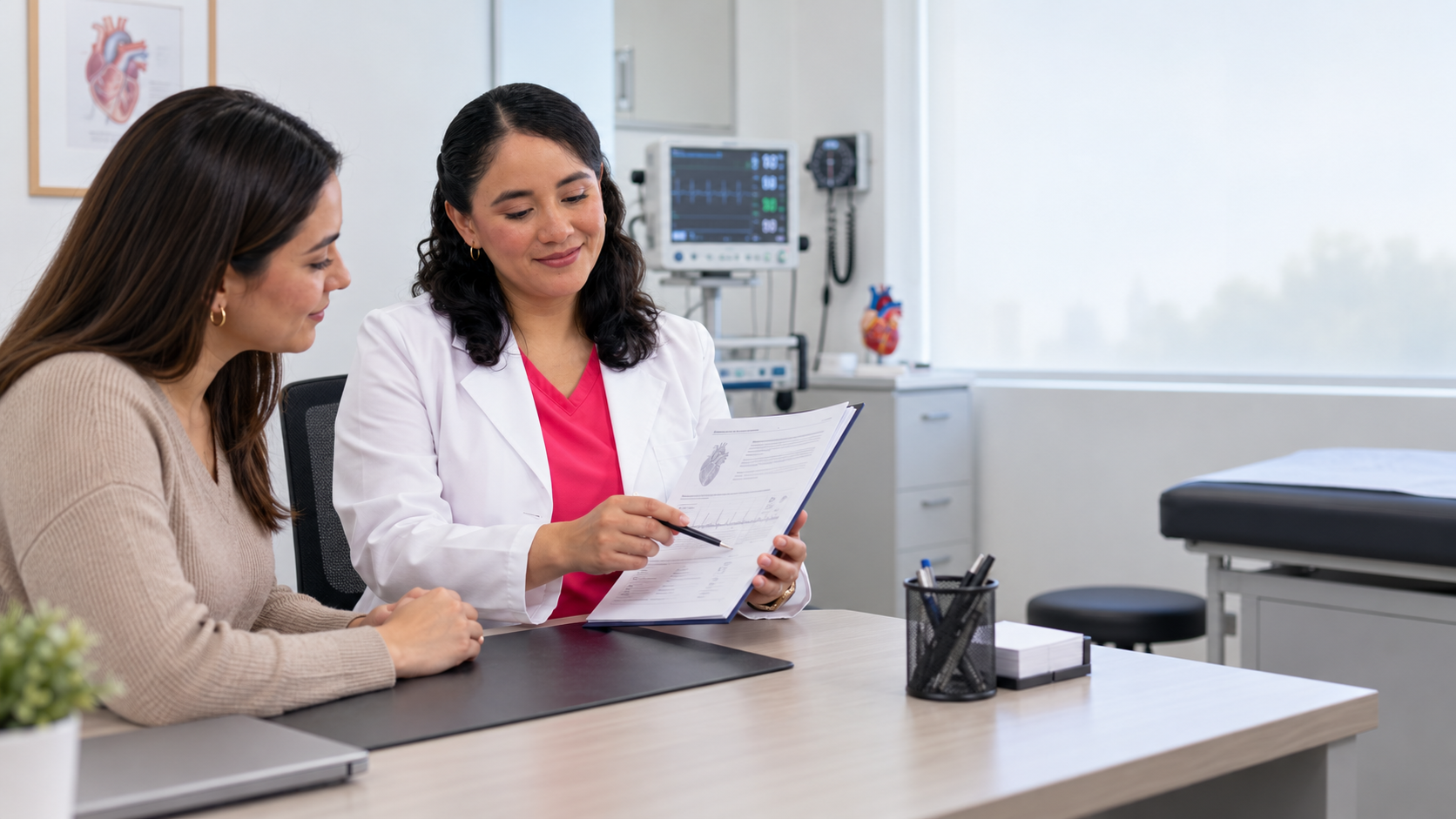 Dra. Karla Castolo revisando estudios cardiovasculares durante una valoración prequirúrgica en Puerto Vallarta