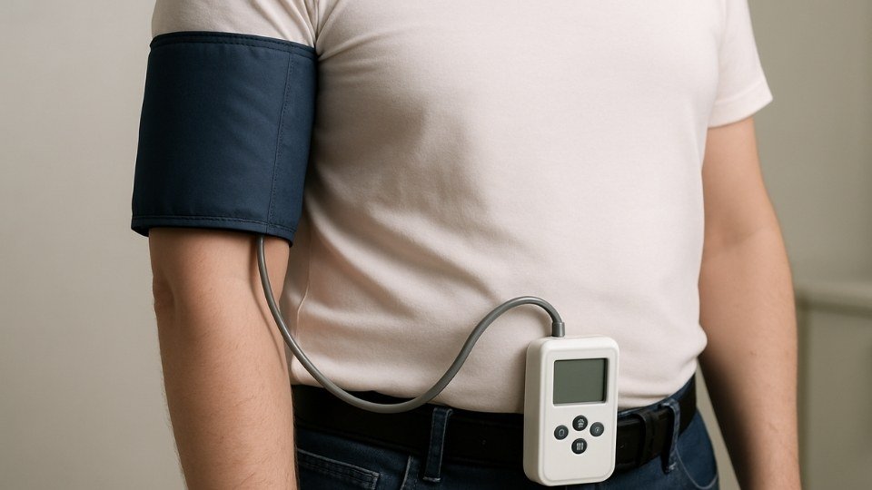 Paciente con brazalete MAPA conectado a registrador digital 24 h