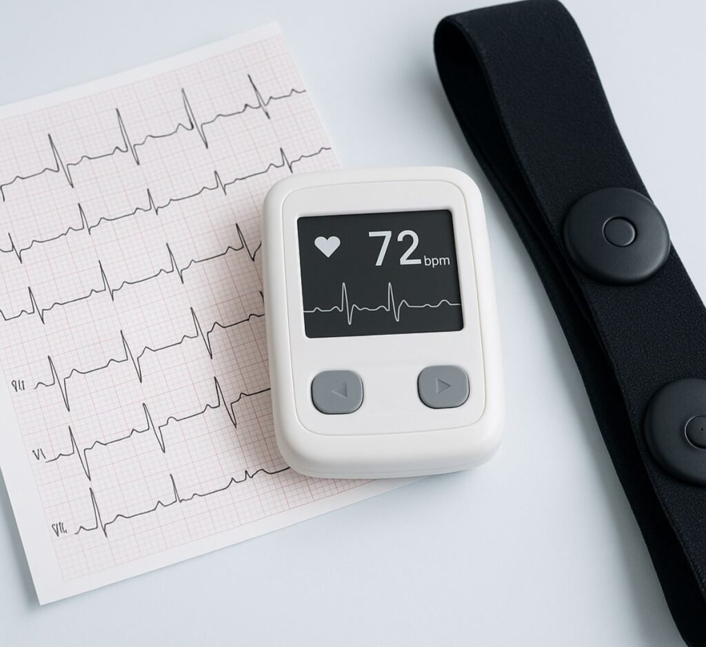 imagen compuesta de ECG, monitor Holter y banda de esfuerzo